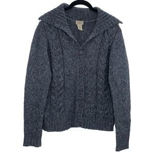 LL BEAN Cable Knit Cardigan Small Blue Wool Button Up Marled Sweater VTG EUC